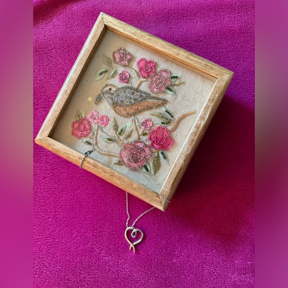 Handcrafted Bird and Flower Box with Heart Necklace.
